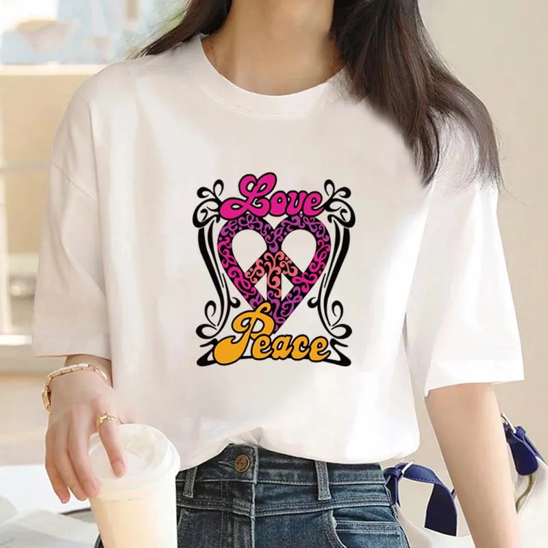 

Summer New Retro Women's Cotton T-shirt Fashion Heart Print Short Sleeve Leisure Street Sports Round Neck Women's T-shirt