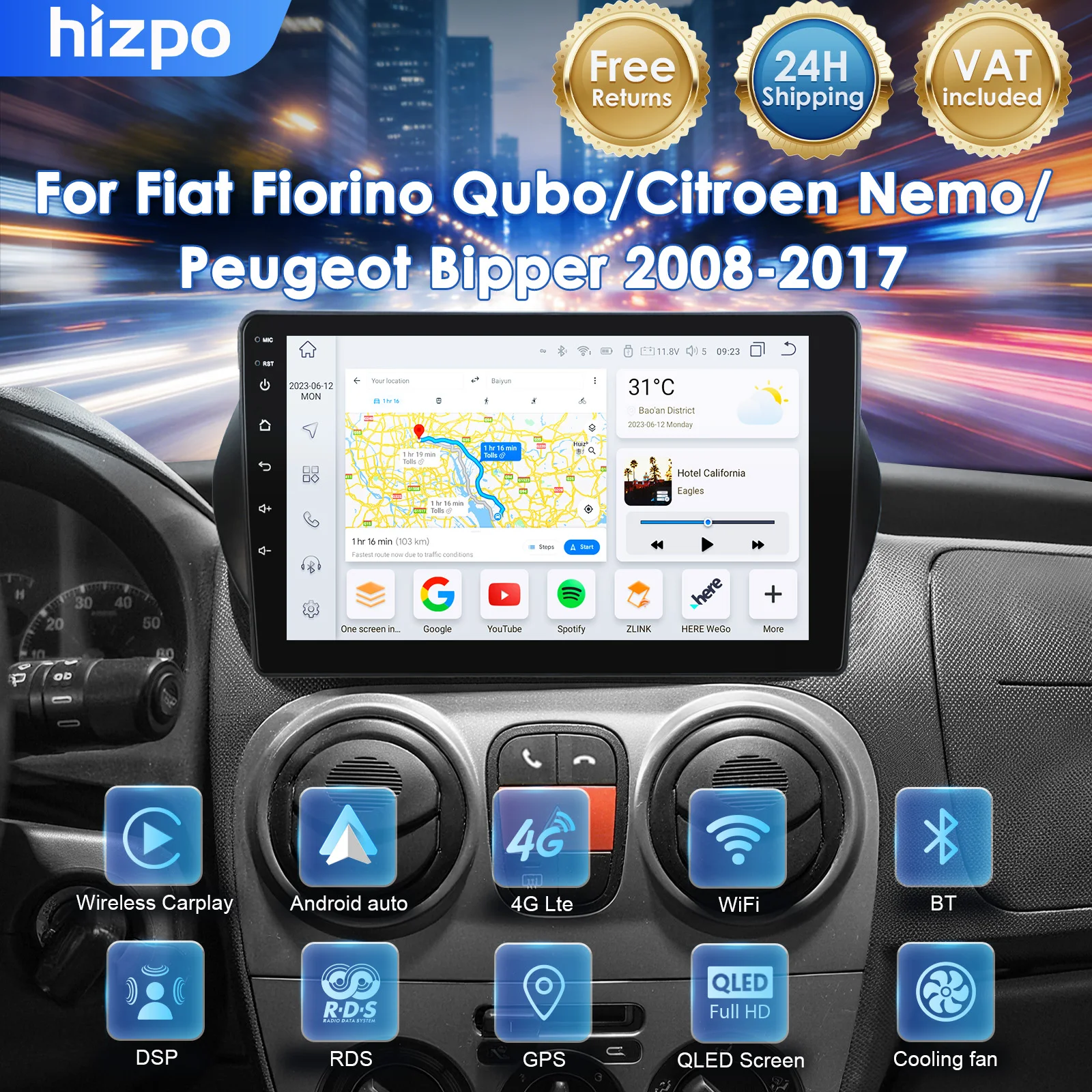 Reproductor Multimedia Inteligente para Auto Hizpo de 10.1 Pulgadas con Carplay para Fiat Fiorino Qubo Citroen Nemo Peugeot Bipper 2008-2017, Radio Estéreo, 8+128G, 4G, SWC, Unidad Principal con IA