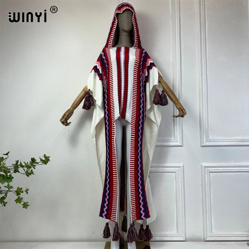 WINYI Africa Knitting classic Style dress Comfort Warm fashion Elastic kaftan Holiday cloak winter poncho Hooded high fork dress