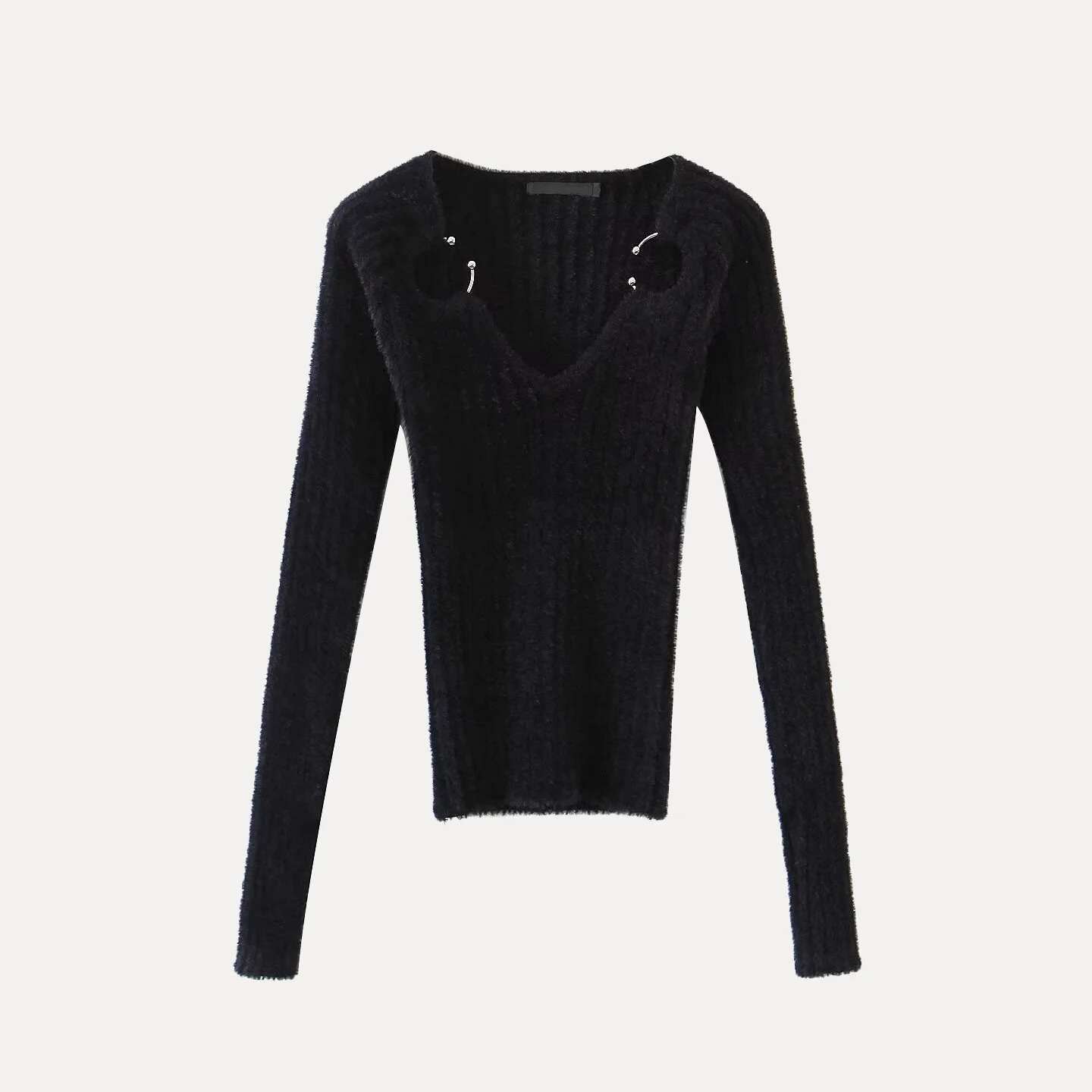 

2025 Summer New Women's Knitted Hollow out Personali Temperament Daily Versatile Long Sve V-Ne Warmth Polyester Fiber