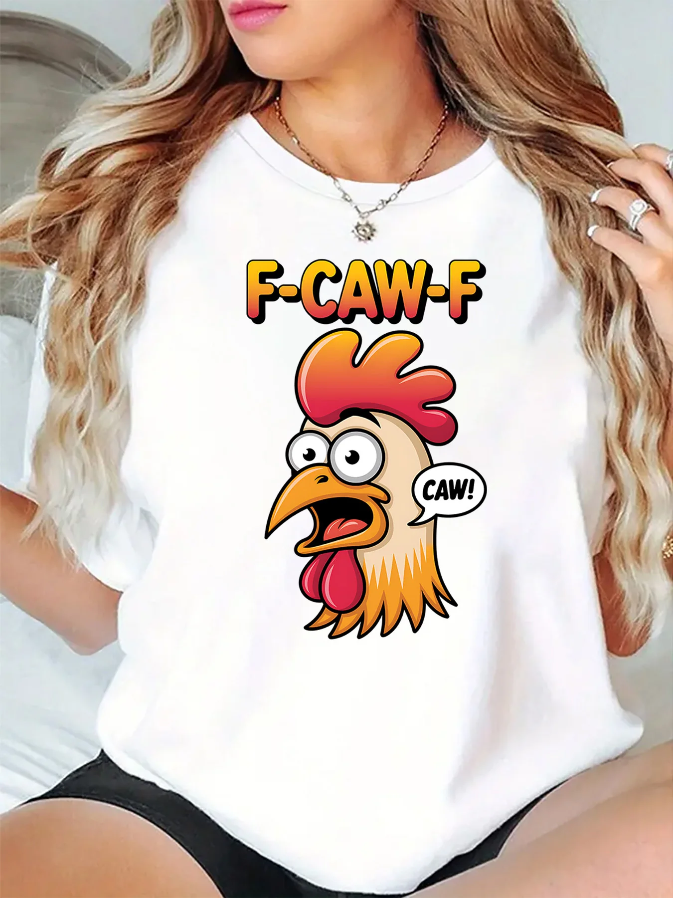 Funny F Caw F Screaming Rooster Head Cartoon Art Print Graphic Womens T Shirt Short Sleeve Crew Neck Casual Ladies Tee Tops