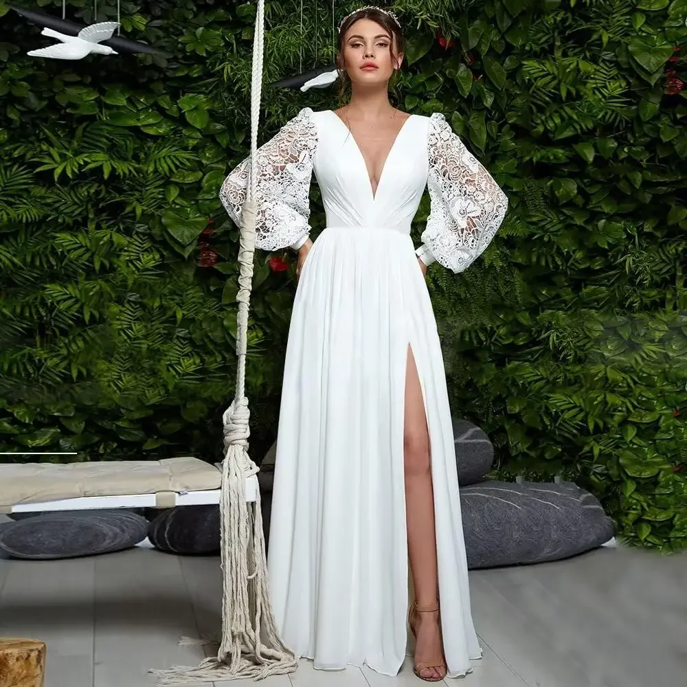 

V Neck Long Sleeve Bridesmaid Dresses Custom made Formal Gowns with Slit Lace Applique Wedding Dress Chiffon Prom Dress Long