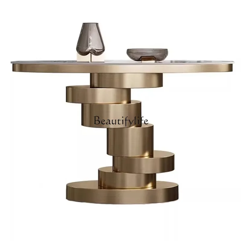 

lItalian light luxury entrance table high-end villa stainless steel rock slab entrance