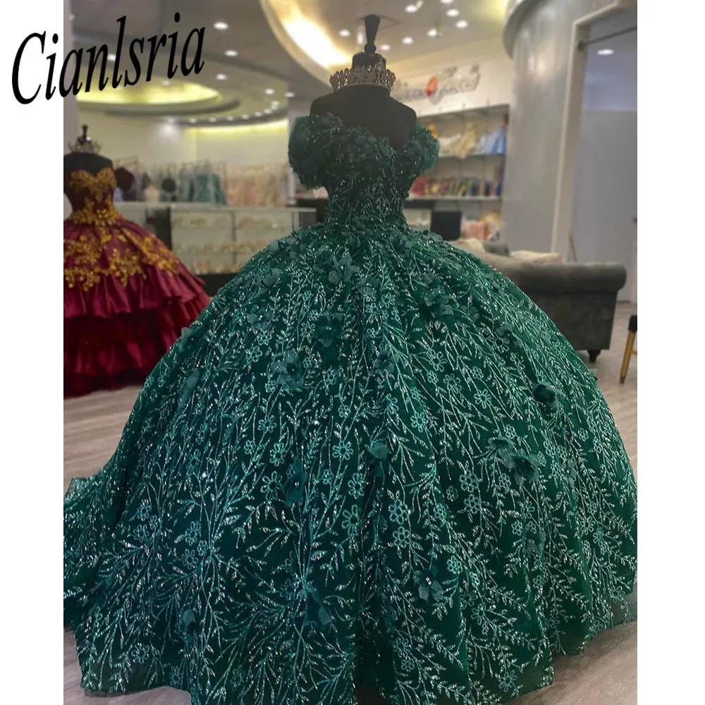 Emerald Green Quinceanera Dresses Off The Shoulder Glitter Tulle Appliques Ball Gown Pageant Birthday Gown Sweet Robes De Bal