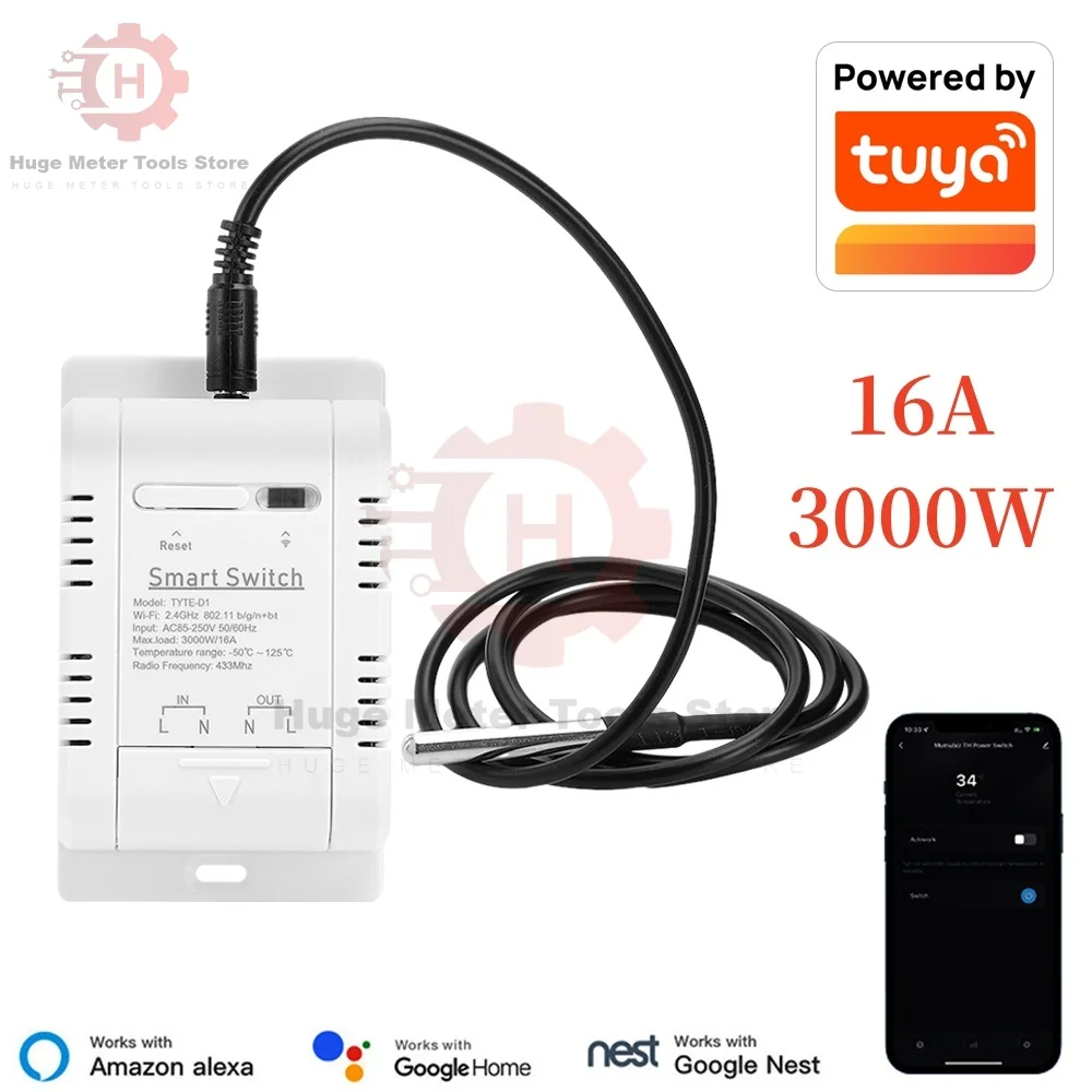 Tuya Wifi Smart Temperature Humidity Switch Power Monitor with Thermostat Probe Sensor for Fish Tank Greenhouse Warehouse