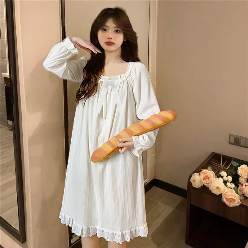 

Nightgowns Women Lace Tender Vintage All Match Nightdress Fashion Leisure Square Collar Autumn Cozy Sleepwear Daily Popular Ins