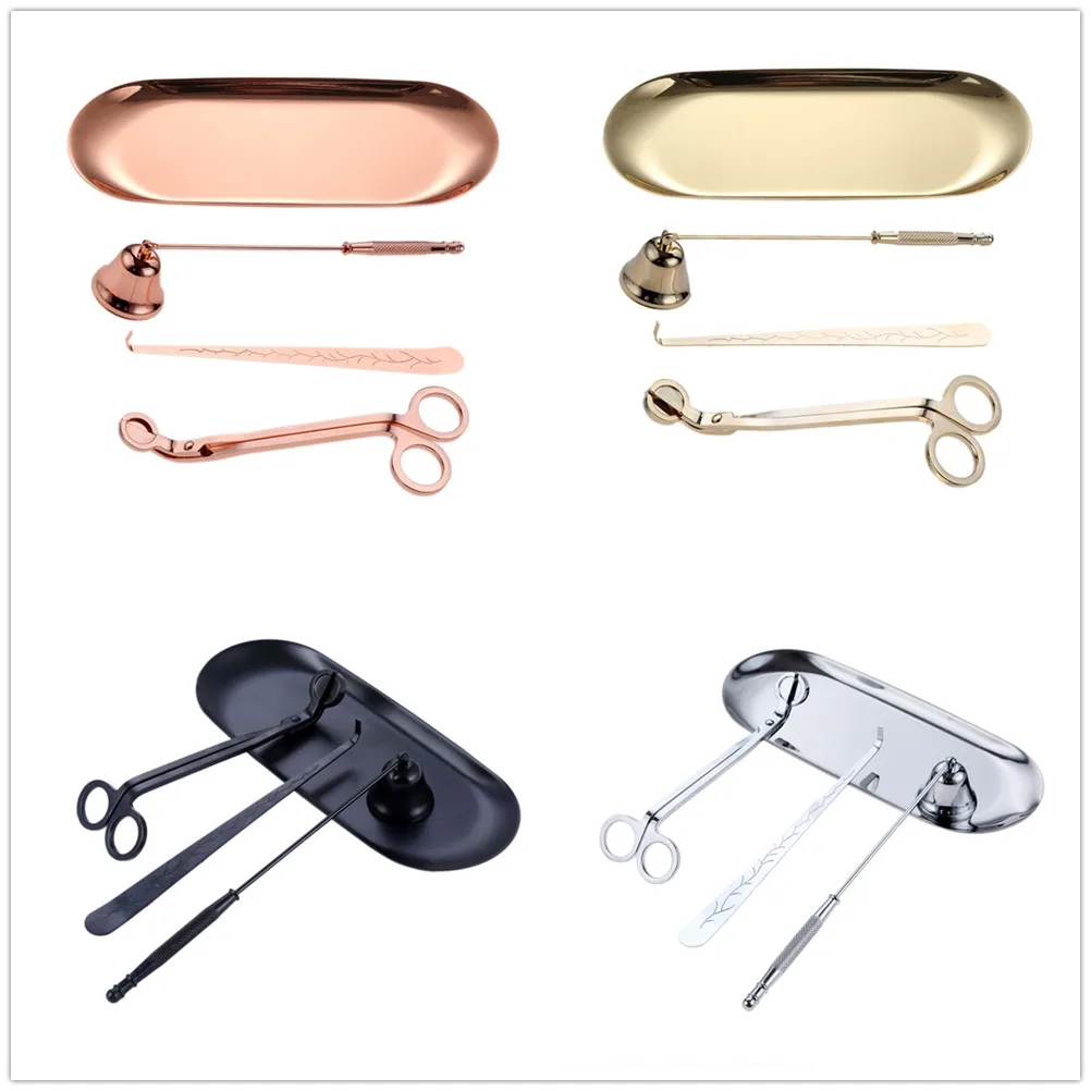 4pcs/1kit Candle Care Tools Bell Snuffer Extinguisher Trimmer Cutter Scissors Oval Tray Steel Rose Gold Silver Black Home Decor