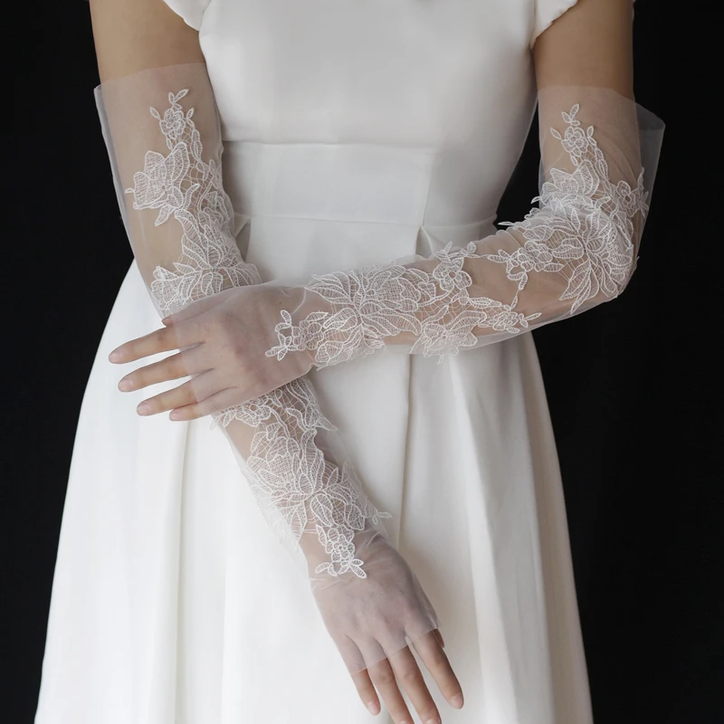 WG154 Long Lace Wedding Gloves Thin Veil Sleeveless Arm Cover for Bridal Gown Full Length Fingerless Gloves for Amazon Wholesale