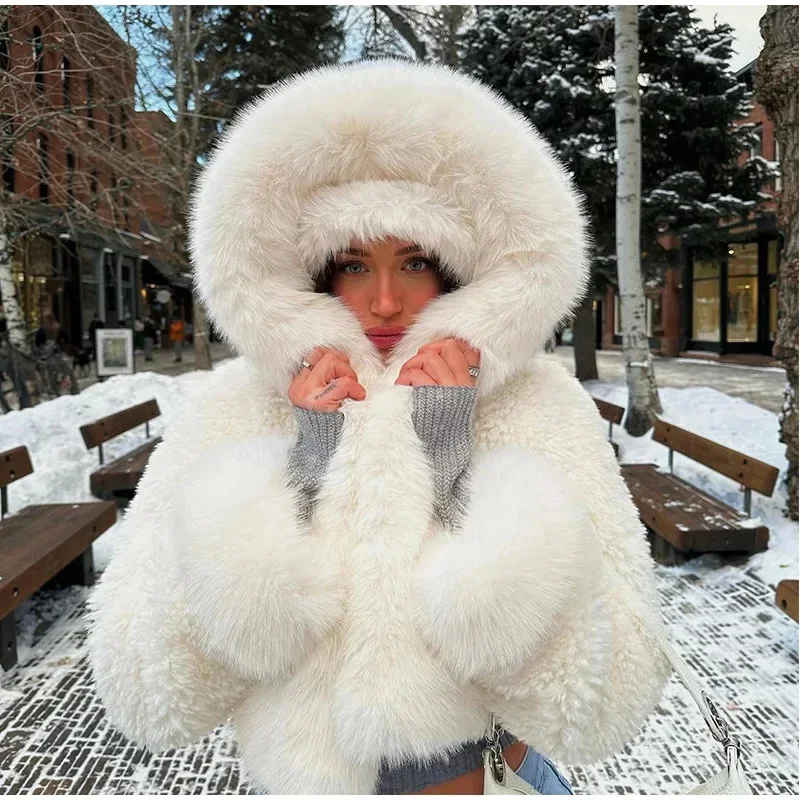 Winter Casual Hooded Faux Fur Jacket Women Fashion Fluffy Big Collar White Snow Jackets 2025 High Street Warm Plush Thick Coats