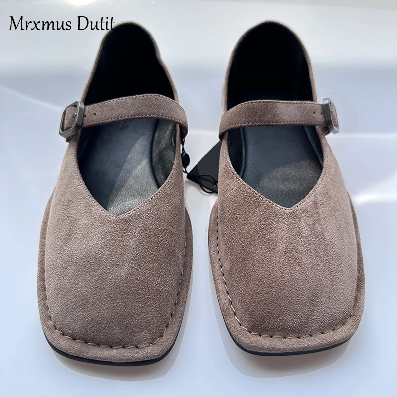 Mrxmus Dutit Suede Leather Shallow Cut Flat Shoes 2024 New Retro Sand Yellow Ballet Shoes Minimalist Commuter Women\'s Shoes