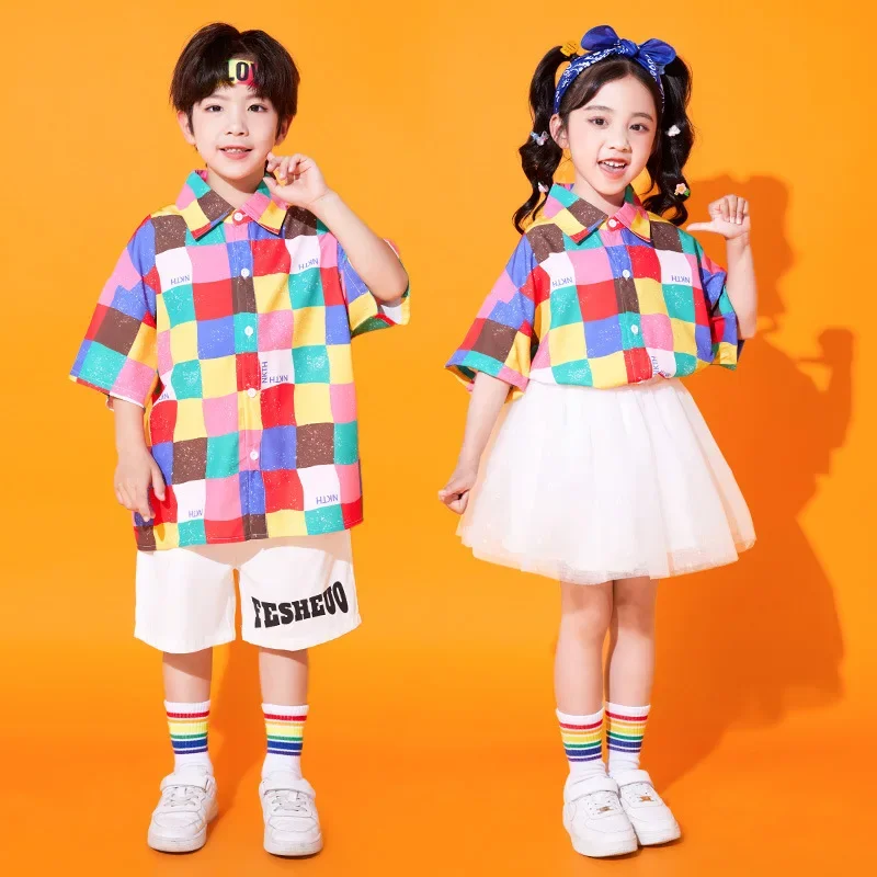 Kinder Cheerleading Gruppe Hip Hop Tanz Kostüm Kinder Tag Jazz Dance Kleidung Jungen Mädchen Top Shorts Röcke Street Dancewear