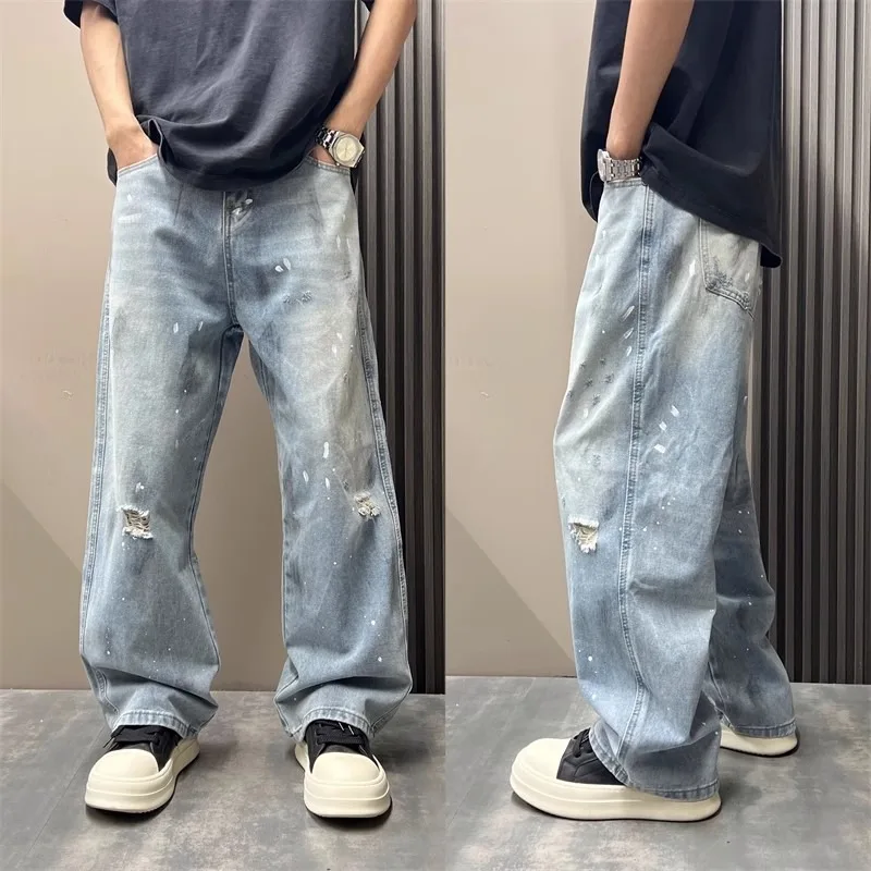 

Summer Large Size Men's Jeans 250 Pou Retro Hong Kong Sle Straight Leg Wide Leg Pants Trendy Casual Faion Long Trousers