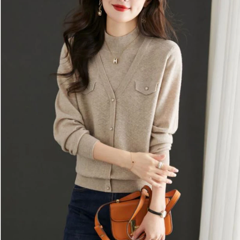 Women Korean Fashion Half High Collar Patchwork Elegant Knitted Sweater Retro Chic Soft Knitwear Solid Long Sleeve Pullover Tops