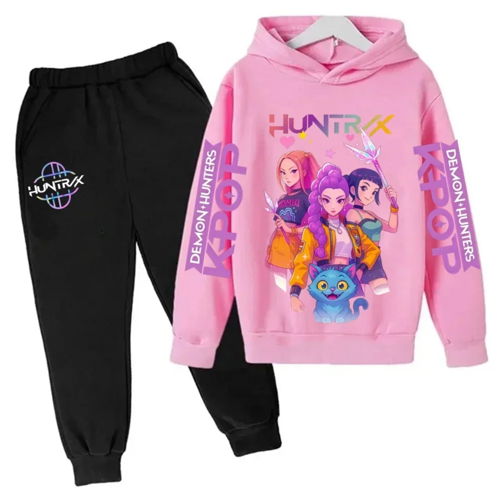 

New Children's Hooded Sweater Set - K-pop Demon Hunter Girl Cute Casual Top for Kids Sports Shirt with Cartoon Print 2 Pieces