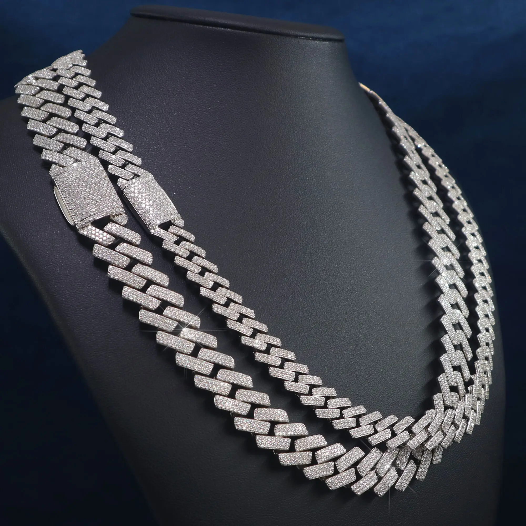 Wholesale 14mm 22inches Silver 2 Rows Cuban Link Moissanite Necklace Hiphop Style Miami Cuban Chains