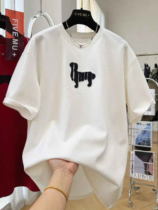 

plus Size Women's Short Sleeve T-Shirt Embroidered Cartoon Design Breathable Korean Style Base Layer Shirt Spring Fashion