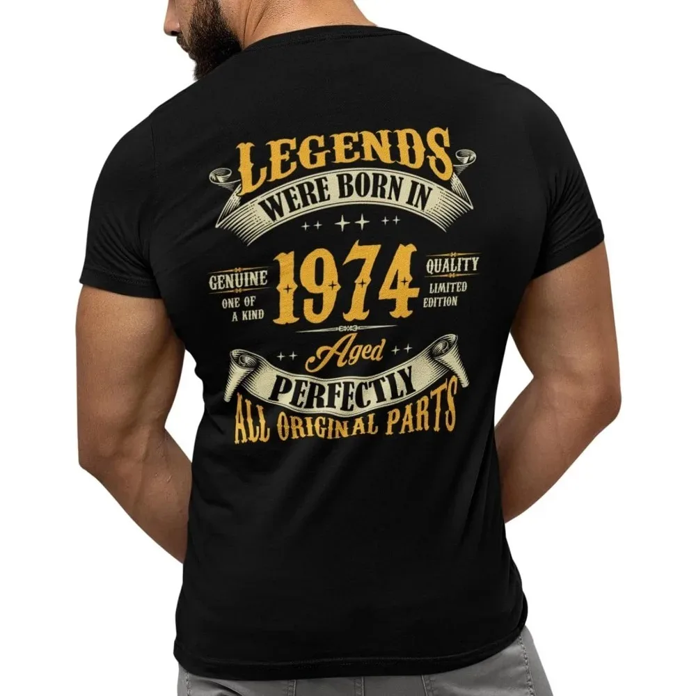 50th Birthday High Quality TShirt for Men Legends Were Born in 1974 Vintage 50 Years Old T-Shirt, Left Chest Full Back Print Top