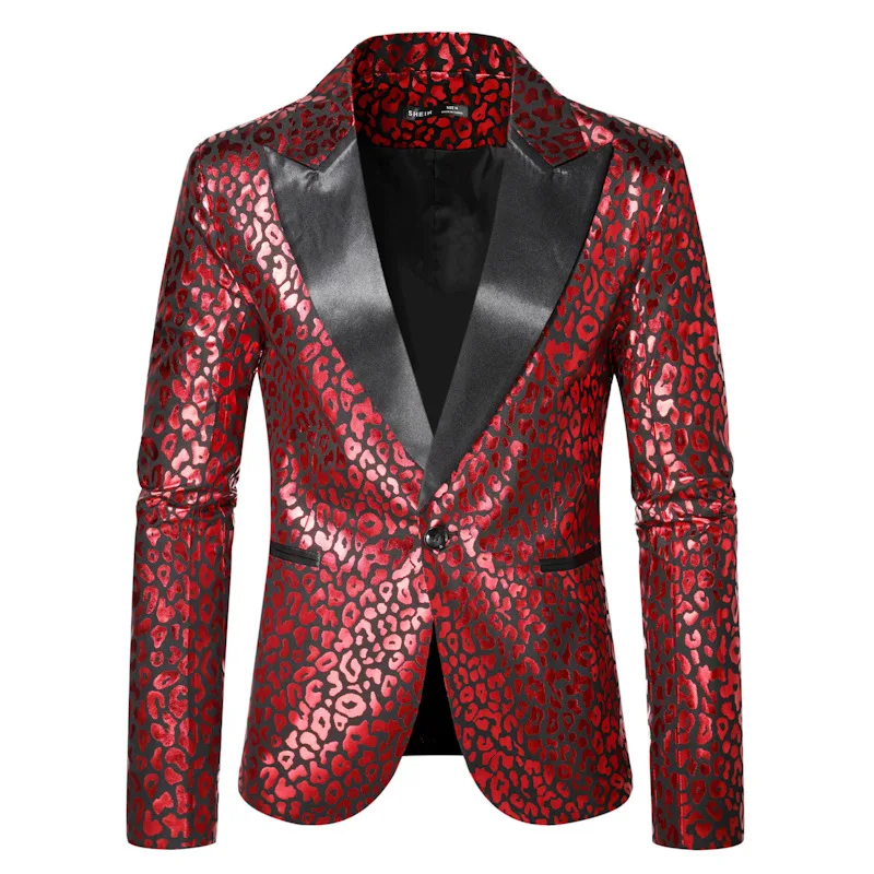 Mens Sexy Red Leopard Tuxedo Blazer Notch Lapel One Button Suit Blazer Jacket Men 70s Disco Party Dinner Prom Costume Homme XXL