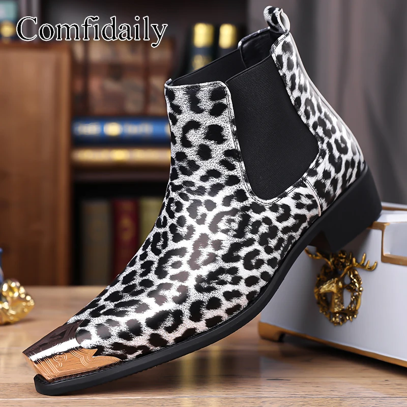 

European American Fashionable Men Chelsea Boots Leopard Print Anti-collision Personalized Handsome Plus Size Nightclub DJ