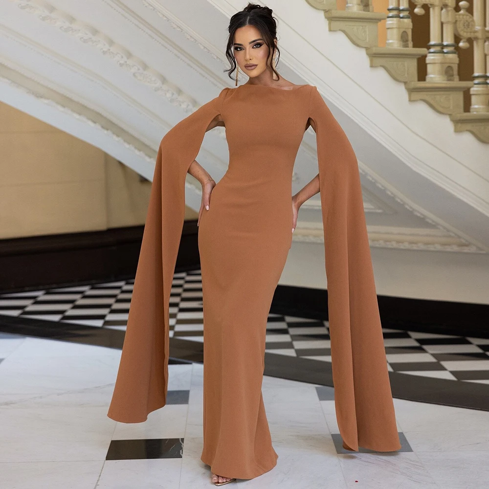 Saudi Formal Dress Women Elegant Brown Jersey Cloak Sleeves Party Dress Column&Sheath Boat Neck Long Dresses