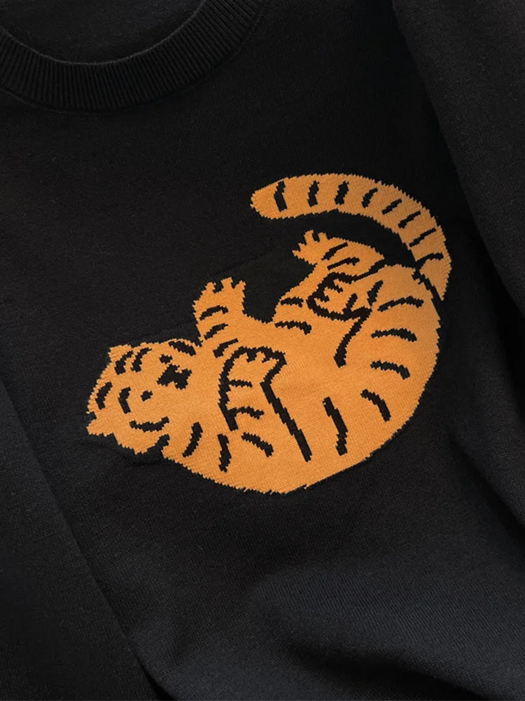 New Design Cozy Sweaters Cartoon Tiger Print Korean Style Knitted Oversize Pullover Casual Jumper 2000s Aesthetic Black Gothic