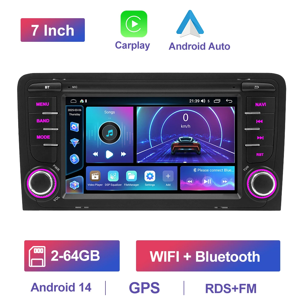 GEARELEC Android 14 Autoradio voor Audi A3 2003-2012 7 "Draadloze CarPlay Auto Multimedia Speler Android Auto autoradio GPS Stereo