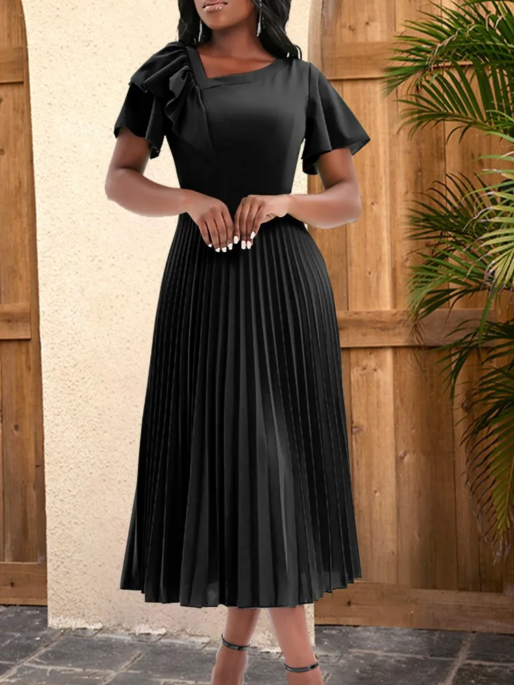 Elegant Women Dress Spring Summer New Fashion Ruffle Edge Short Sleeve Pleated Dress Party Vestido Midi Robe Femme Sexy Clothes