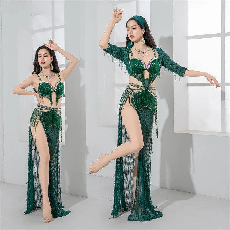 아랍 댄스 카데린 벨리댄스 공연 의상 4피스 스팽글 스커트 라인스톤 브라 럭셔리 전문가용 이집트 의상 신상품