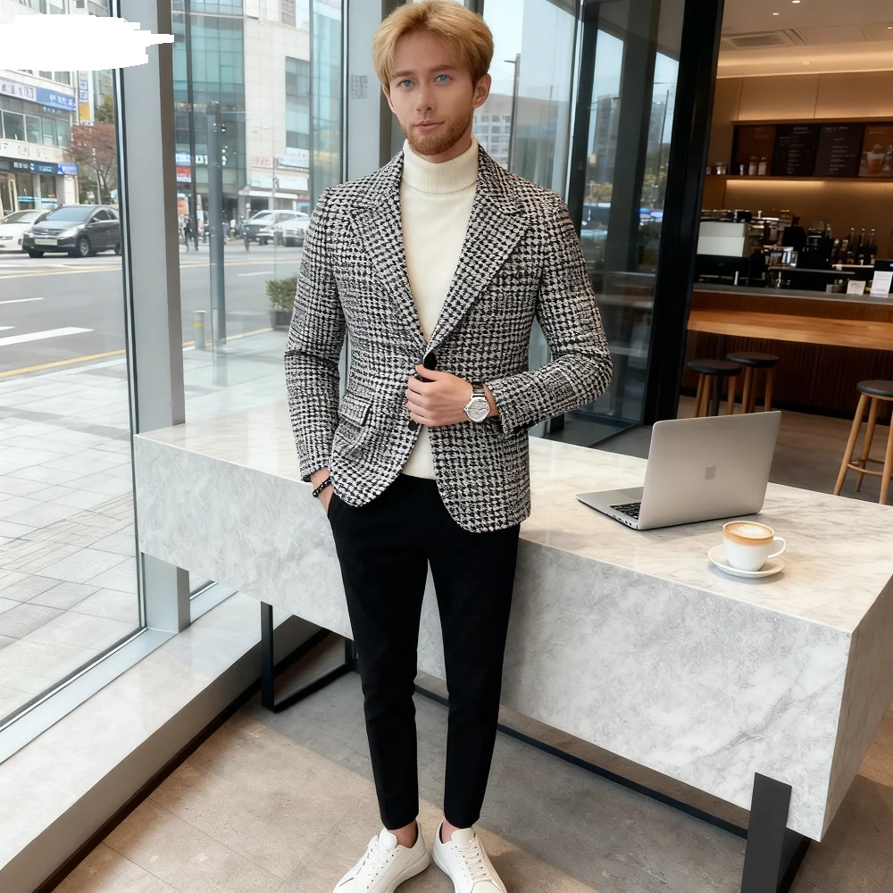 

Облегающий пиджак с узором «гусиные лапки» для мужчин, клетчатая куртка в деловом стиле, однобортный повседневный костюм с остроконечными лацканами, верхняя одежда
