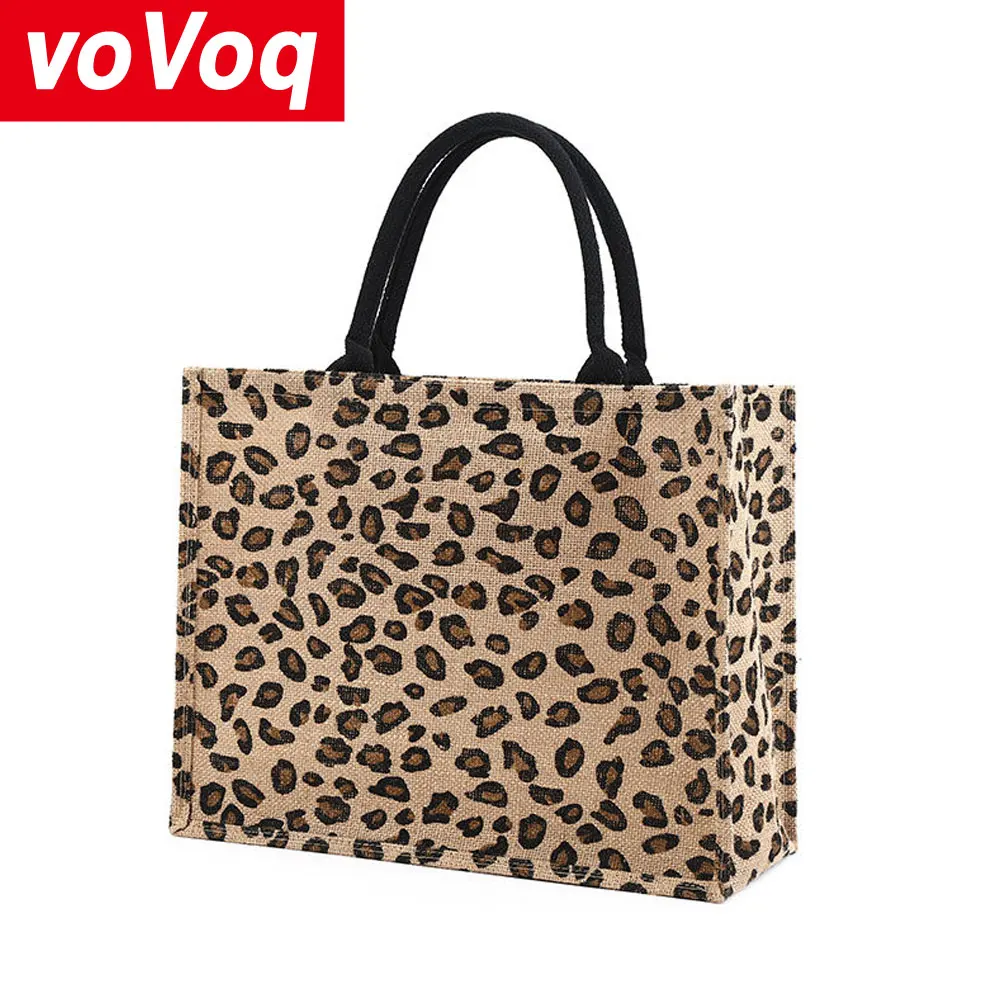 2022 Cotton Linen Bag Jute Full Version Portable Rough Shopping Large Capacity Retro Leopard Print Travel Fashion Women\'s Bag