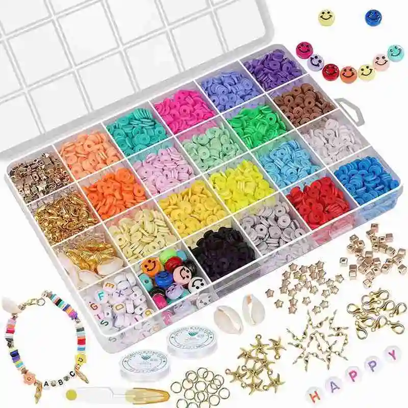 

6mm Polymer Clay Beads Kit Rainbow Color Flat Round Spacer Beads Set Alphabet Beads Pearls Bracelets Necklace Making Jewelry DIY