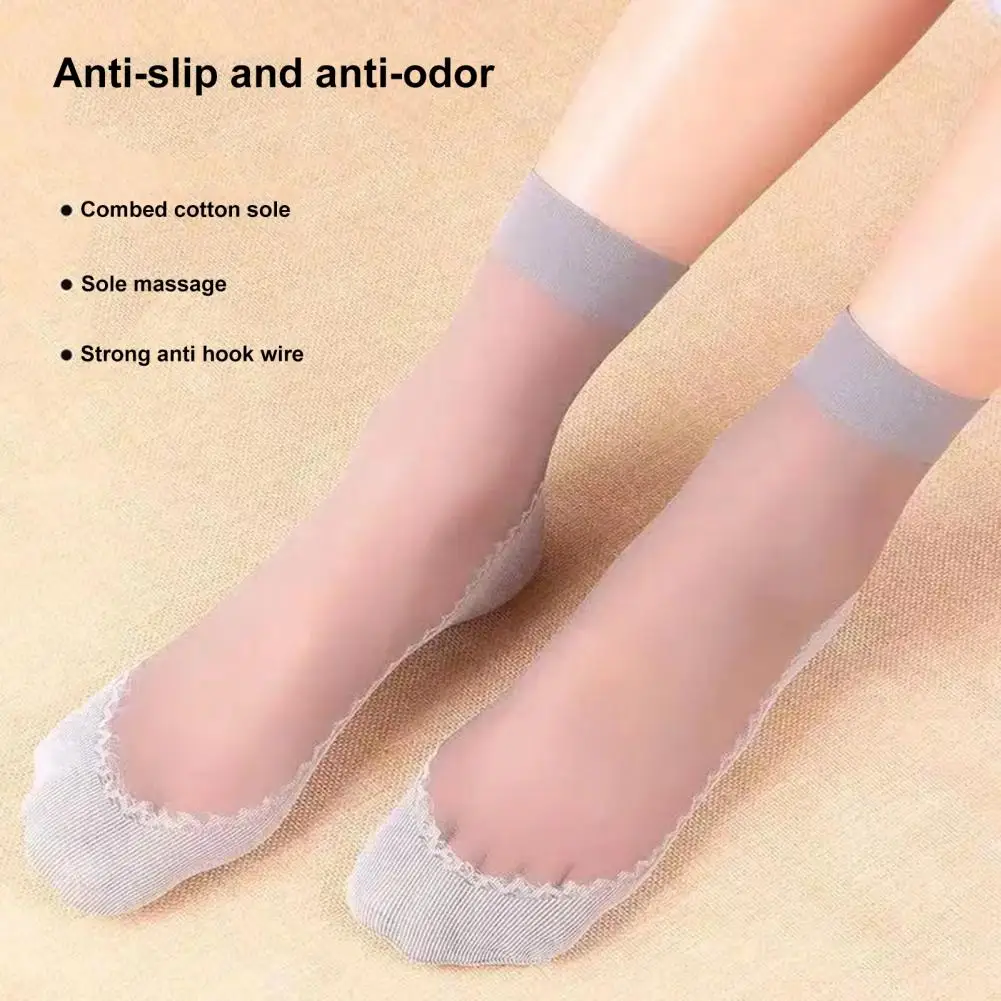 10 Pairs Summer Nylon Sole See Through Socks Indoor Ankle Socks Ultrathin Breathable Non-slip Solid Color Sweat Absorption Seaml