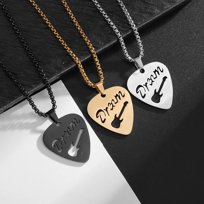 Stainless Steel Guitar Pick Pendant Engraved Letters 