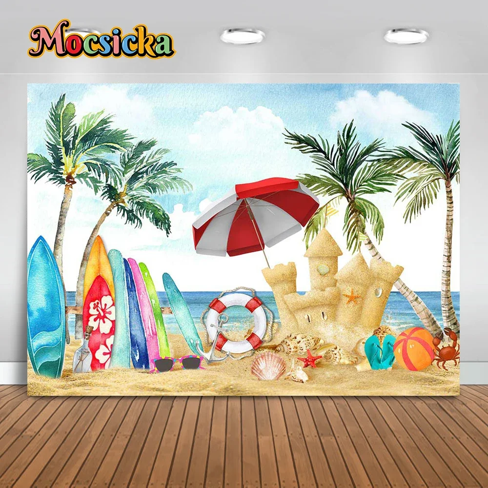 MOCSICKA летний пляжный фон для вечеринки, день рождения, фотобаннер, доска для серфинга, кокосовая пальма, цветы, фон для фотосъемки
