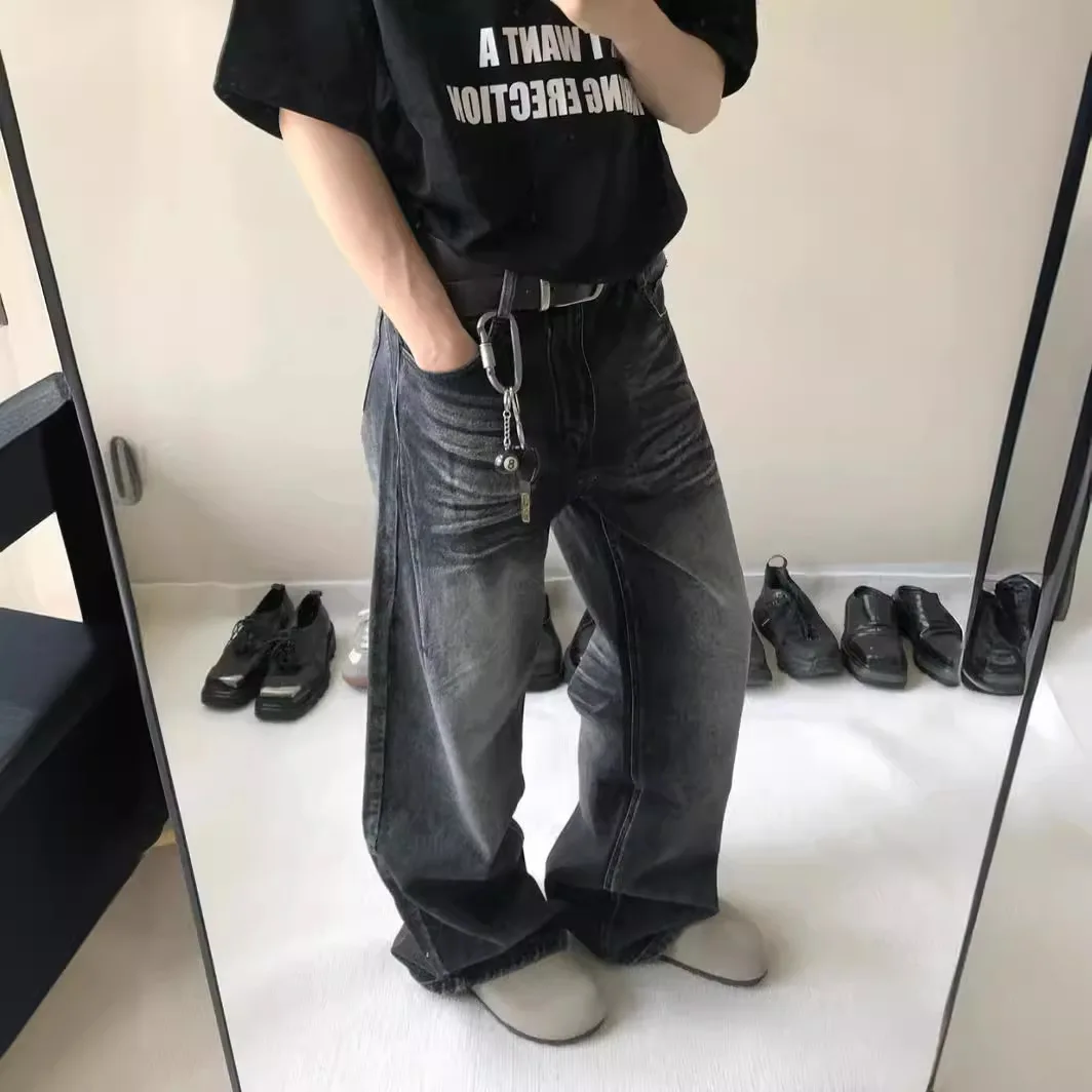 

Американские винтажные новые модные мужские свободные повседневные модные потертые широкие прямые джинсовые брюки 2025 года, мужские джинсы, брюки, одежда