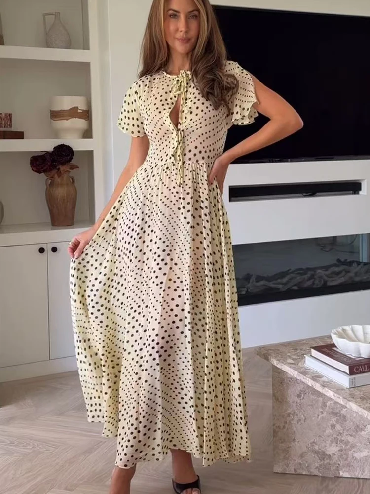 TFMLN New Women Polka Dot Long Dress Trendy Holiday Bow Short Sleeve Dress Fashion 2026 Summer Beach Casual Ladies Outfit