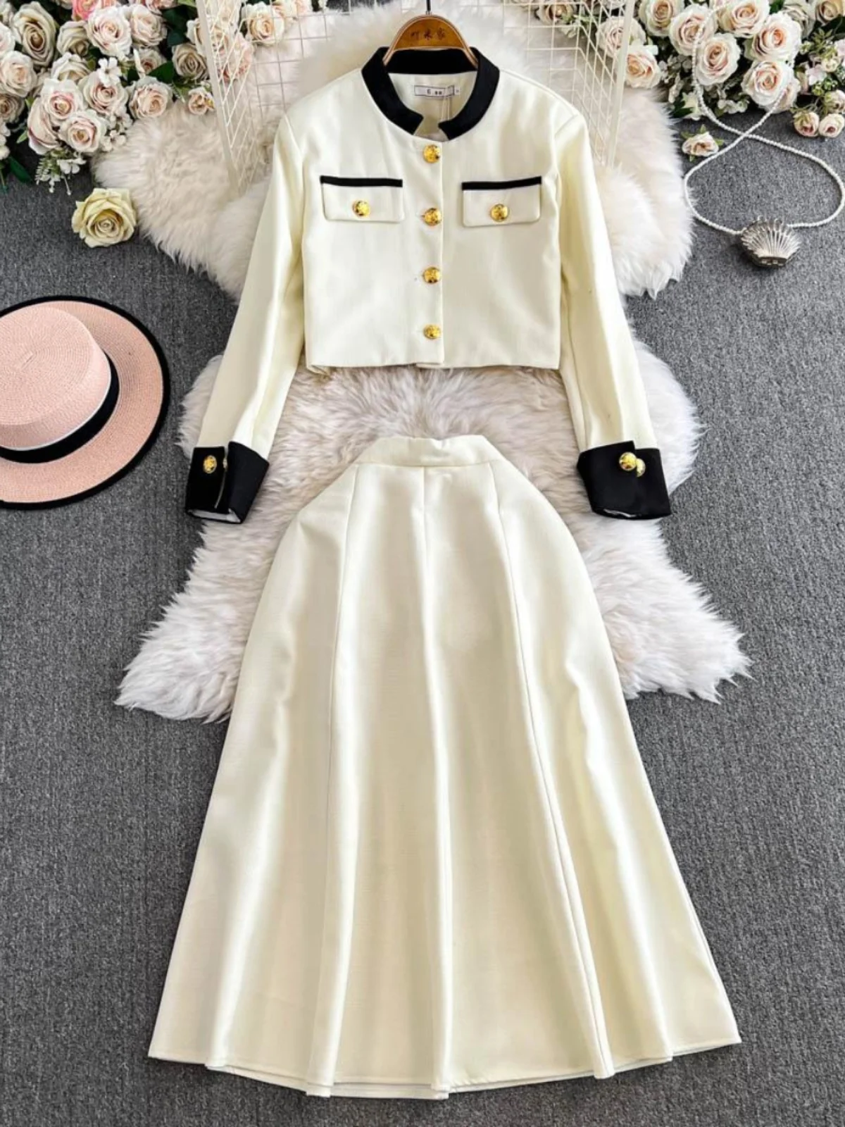 

Spring Faion Set Design Sense Color Blo Open Cardigan plus Pleated Skirt Two Piece Set Little Fraance Sle Women'...