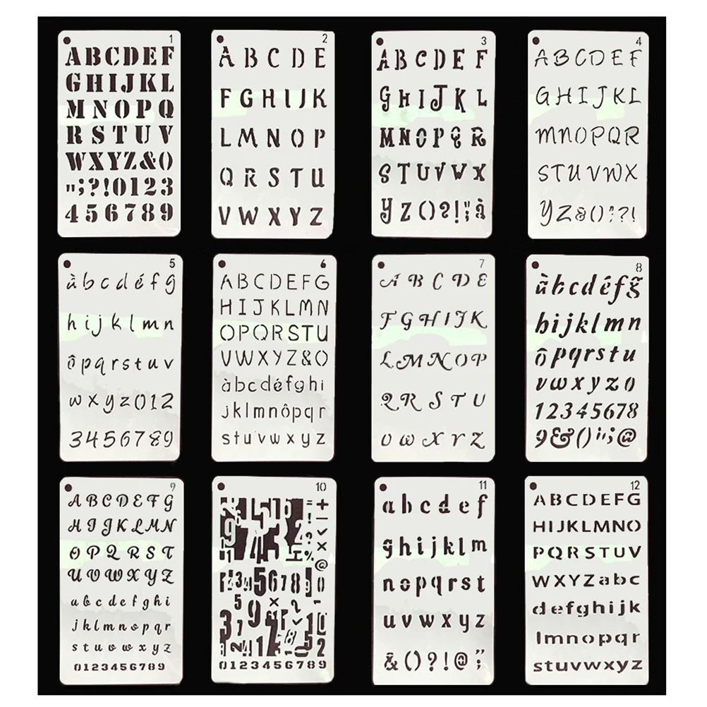

12 Sheets Alphabet Letter Number Drawing Stencils Environmentally Friendly Plastic Durable Waterproof Washable for Scrapbooking