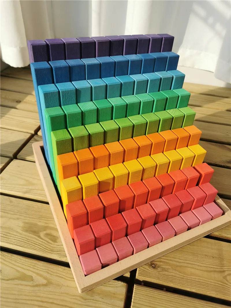 Large Wooden Building Blocks Set Rainbow Stacking Counting Timber Square Construction Tube Toys for Kids Educational Play