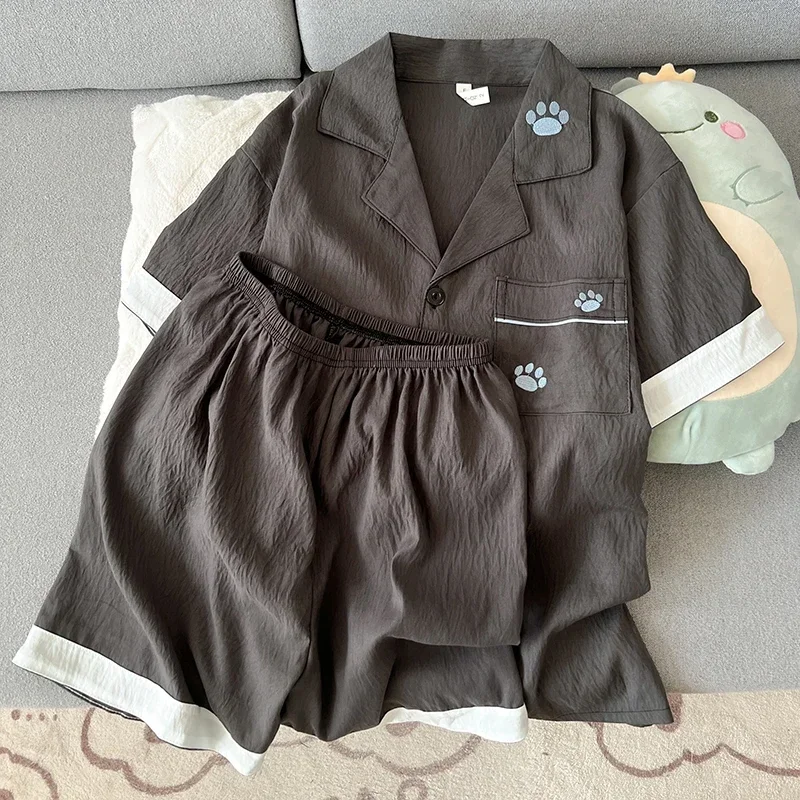 Korean Cute Sleepwear Men's Summer Pajama Set Lapel Short Sleeve Dachshund Puppy Embroidery Elastic Waist Two Piece Loungewear