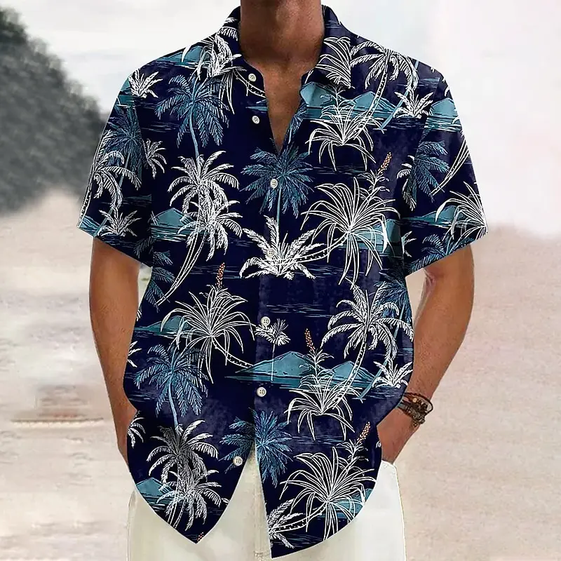 Camicia hawaiana estiva da uomo Beach camicia a maniche corte Casual kaki bianca con stampa albero di cocco Top manica corta S-5XL