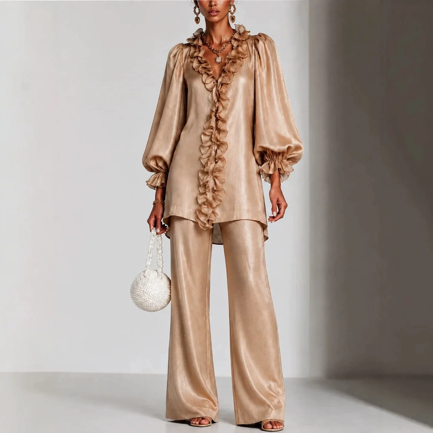 Fashion Bright Color Blouse Women's 2 Pieces Set Autumn Elegant Long Sleeve Shirt With High Wiast Wide Pants Set Female Outfits