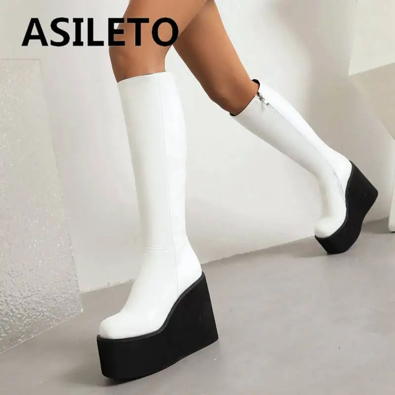 

ASILETO Ladies Knee-high Boots 37cm Round Toe Wedges High Heel 11.5cm Platform 6cm Zipper Plus Size 43 Solid Winter Punk Shoes