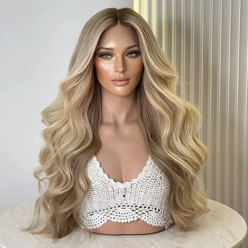 

Термостойкий синтетический парик Повседневная одежда Парик для вечеринок Золотисто-русый парик фронта шнурка Длинная волна Парик шнурка Смесь человеческих волос Натуральные парики