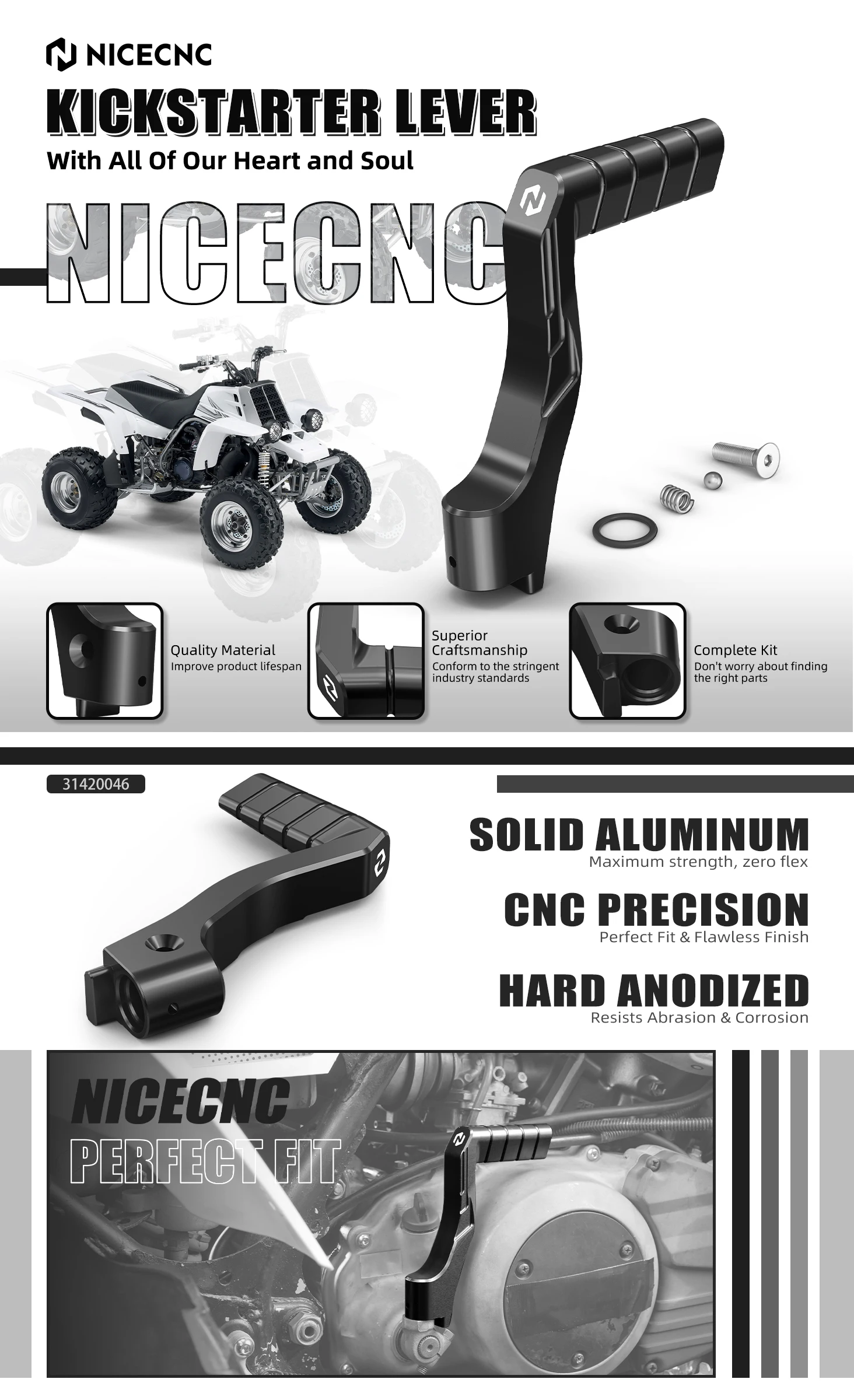 NICECNC Verlängerte, breitere Fußrasten und Kickstarter-Hebel für Yamaha Banshee 350 1987-2006, ersetzt 2GU-15620-01-00, Aluminium – Detail 1