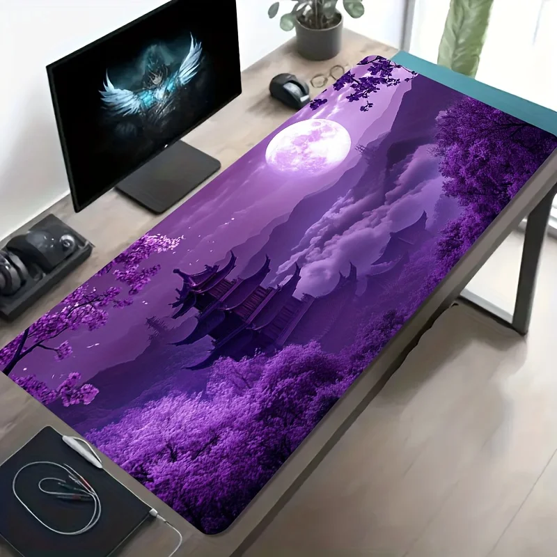 Purple Night Pagoda Gaming Mouse Pad, Large Non-Slip Desk Mat with Moonlit Landscape Print for Gamers & Cozy Home Office