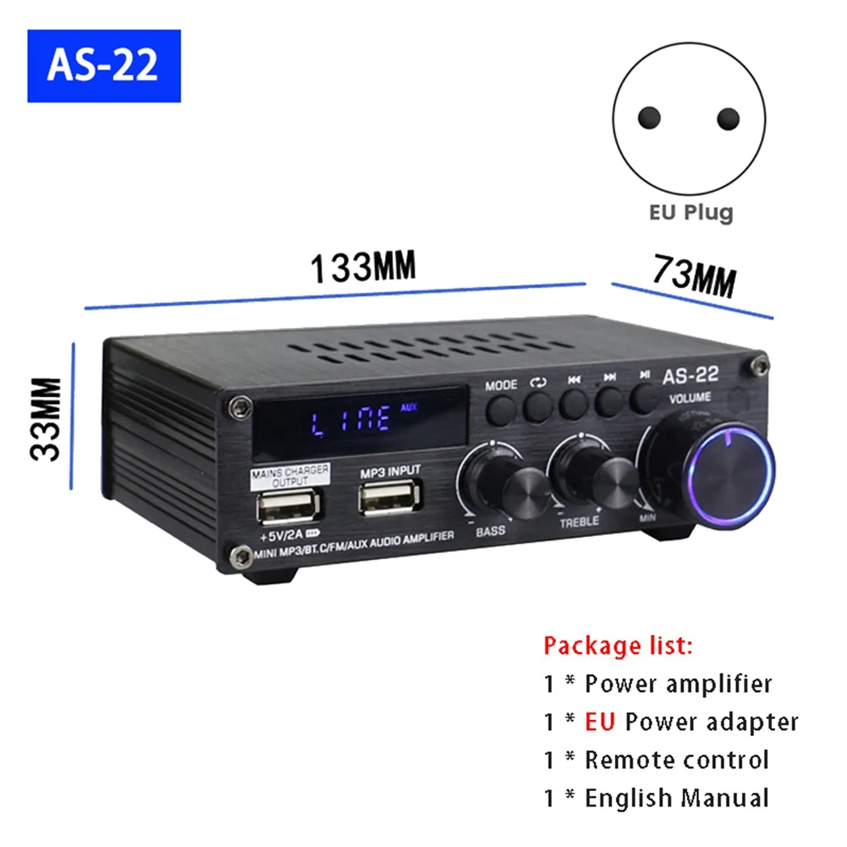 AS22 HiFi Digital Amplifier 30Wx2 2.0 Channel Car Bluetooth Amplifier Home Stereo Audio Amplifier Receiver EU Plug