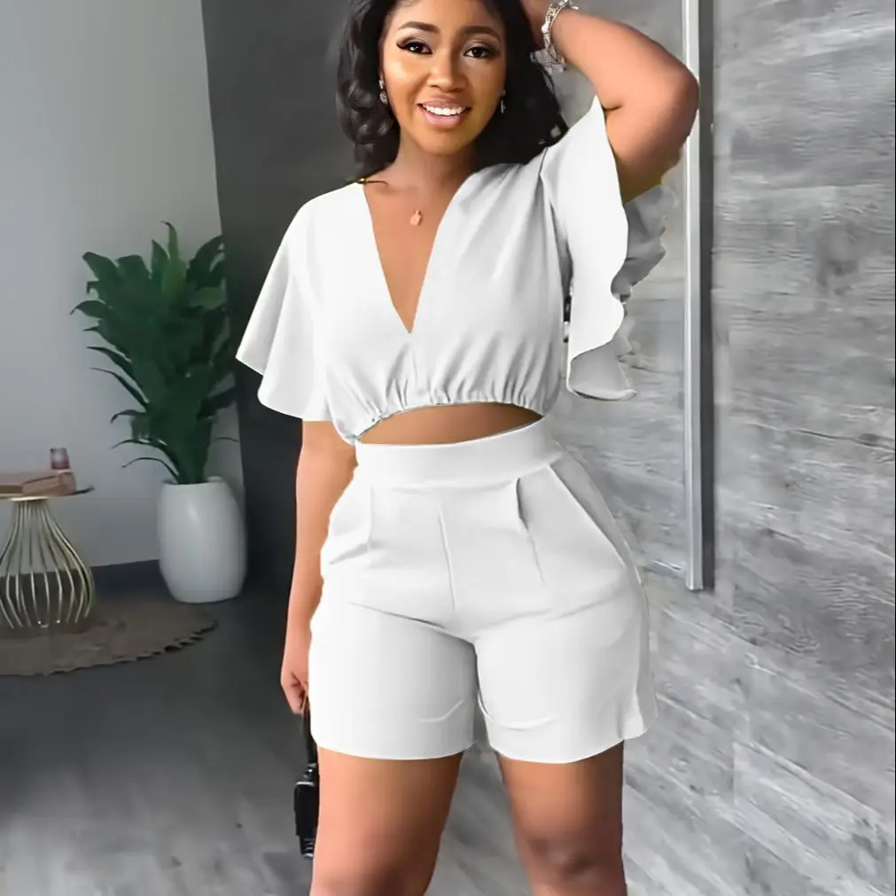 Fashion Two Piece Set Women Sexy V Neck Ruffles Sleeve Crop Top & Pockets Shorts Suit 2023 Summer Street Solid Tracksuit Outfits