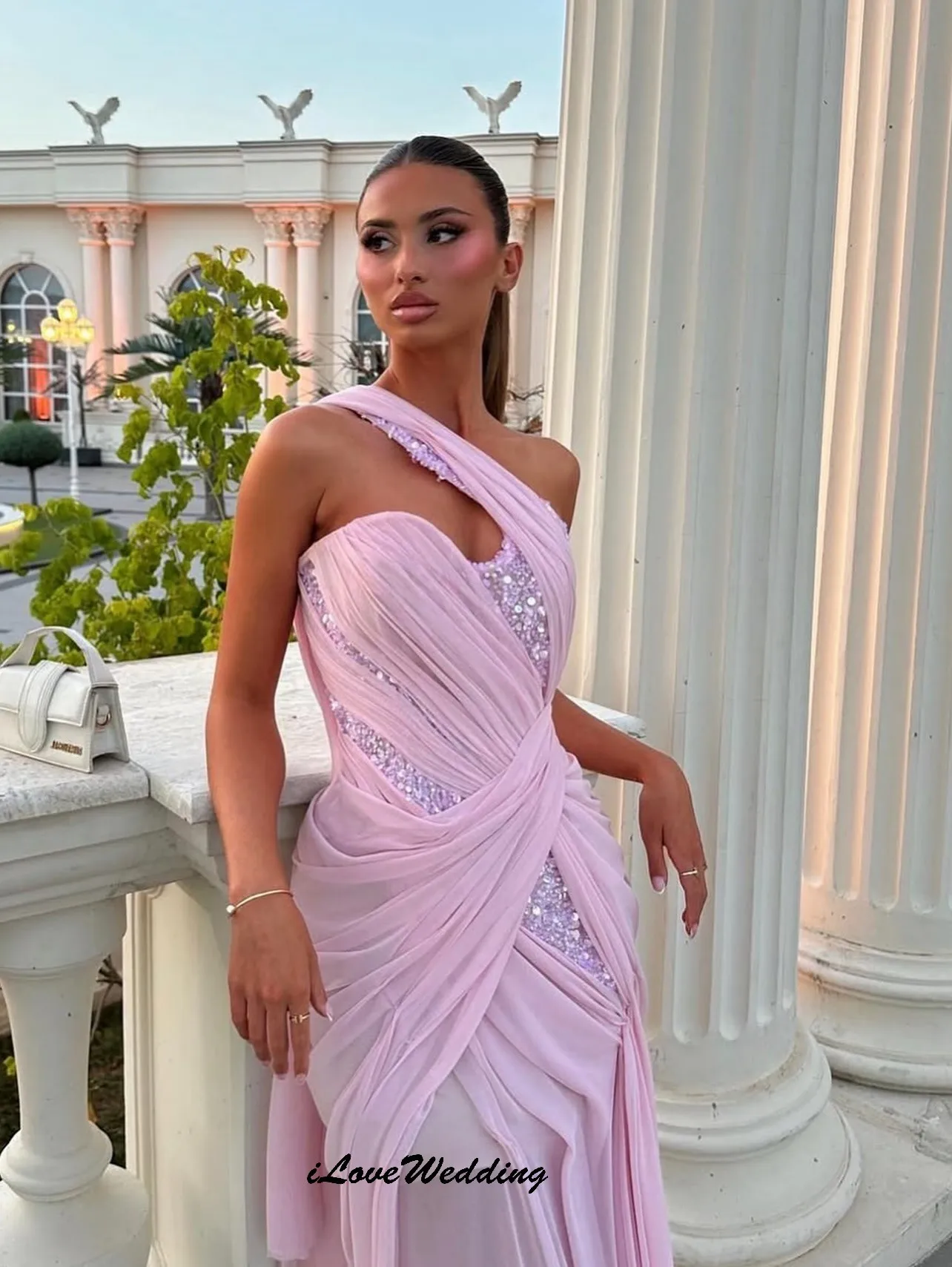 Vestidos de fiesta de gasa rosa personalizados con un hombro, vestido de fiesta de boda elegante plisado 2025 para mujer, vestidos formales brillantes para invitados