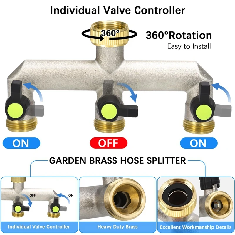 Brass Garden Hose Splitter - Water Hose Splitter 3 Way Heavy Duty, Outdoor Faucet Splitter With Shut Off Valves, 3/4Inch